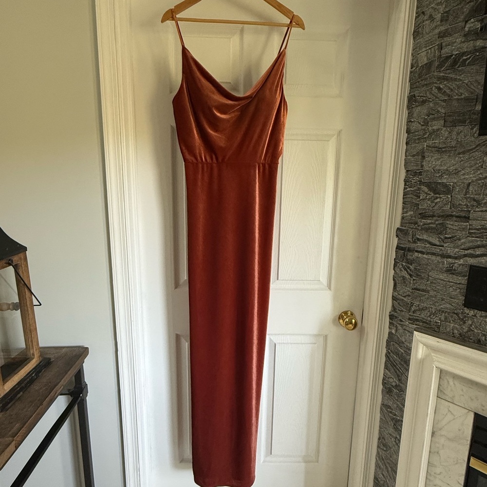 SORELLA VITA Rust Satin Cowl Neck Slip Maxi Dress